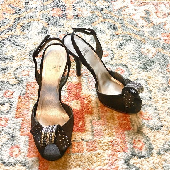 Stuart Weitzman Shoes - STUART WEITZMAN Black Satin Sling Back Pumps Heels Shoes Rhinestone Peep Toe 5